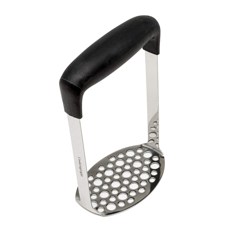 Heavy Duty Stainless Steel Masher, Broad and Ergonomic Horizontal, Fine Plate for Smooth Mashed Potatoes, Soft Grip and Non-Slip Handle, Black