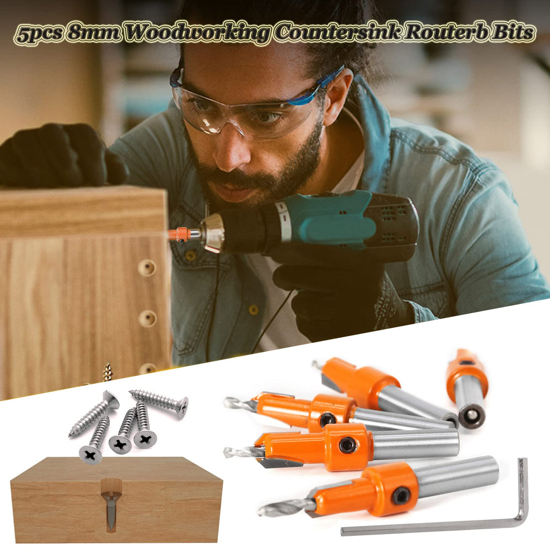 MUYE 5pcs 8mm Shank HSS Woodworking Countersink Router Drill Bits Adjustable Center Drill 90 Degree Chamfer Bit Counterbore Screw Drill bits for Wood Milling Cutter 2.8mm 3mm 3.2mm 3.5mm 4mm