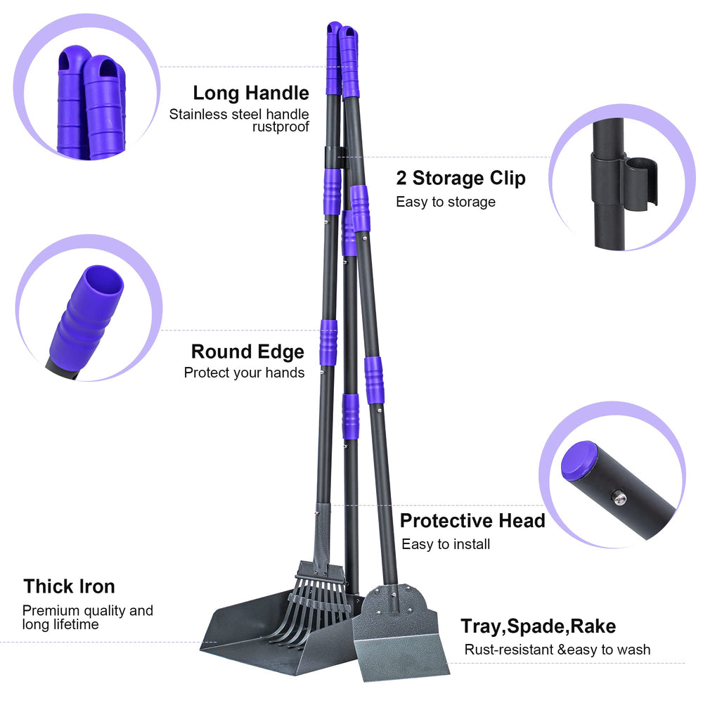Pooper Scooper for Dogs, Metal Poop Scooper Tray Spade and Rake Set, Poop Scoop with Adjustable Long Handle, Dog Pooper Scooper for Pet Waste Removal