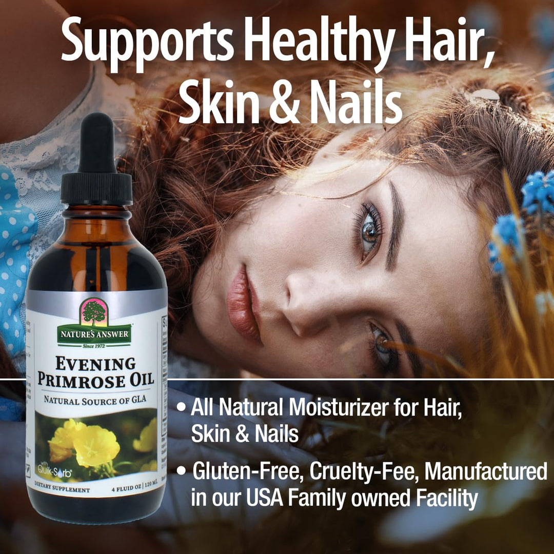 Nature&#39;s Answer Liquid Evening Primrose Oil 4oz Liquid | Cold Pressed | Essential All Natural Moisturizer for Hair, Skin, Nails | Rosacea Psoriasis Eczema Relief | Single Count