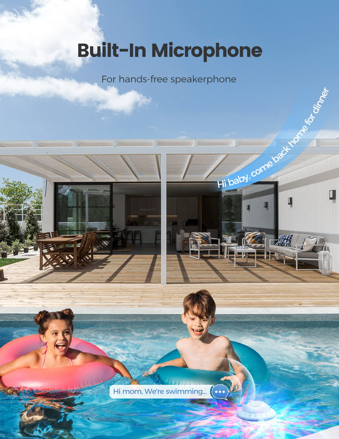 Floating Pool Speakers with Colorful LED Lights, IPX7 Waterproof Hot Tub Bluetooth Speaker, 10W Stereo Loud Sound, Built-in Mic, Portable Wireless Speakers for Shower Bathtub Beach Outdoor Swim-White