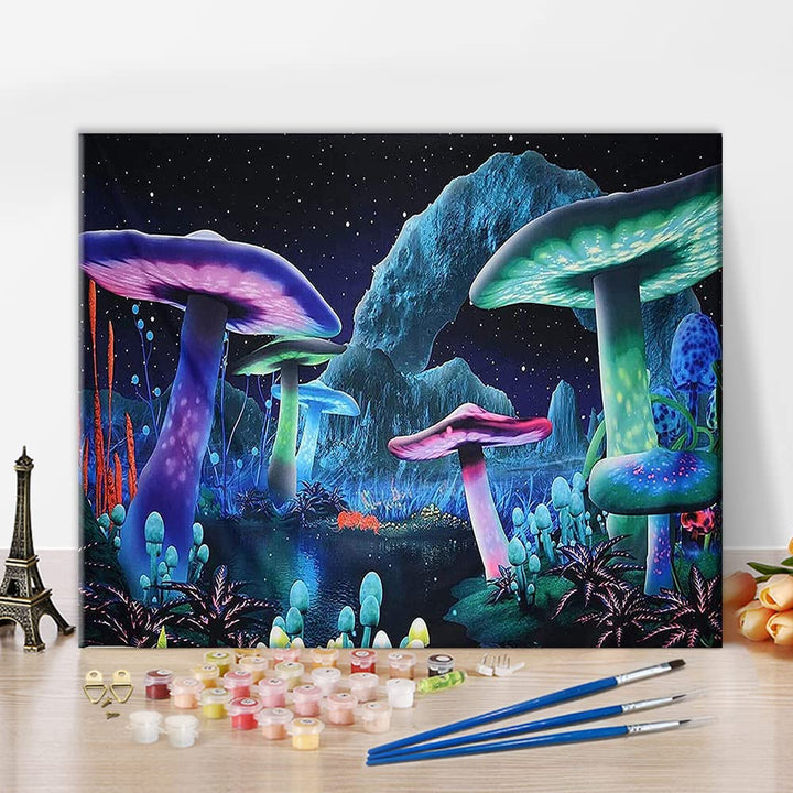 Night Mushroom World DIY Oil Painting Kit on Canvas Paint by Numbers for Adults Beginner &amp; Kids with Paintbrushes and Acrylic Pigment Arts Craft for Home Wall Decor Children&#39;s Gift 40x50cm