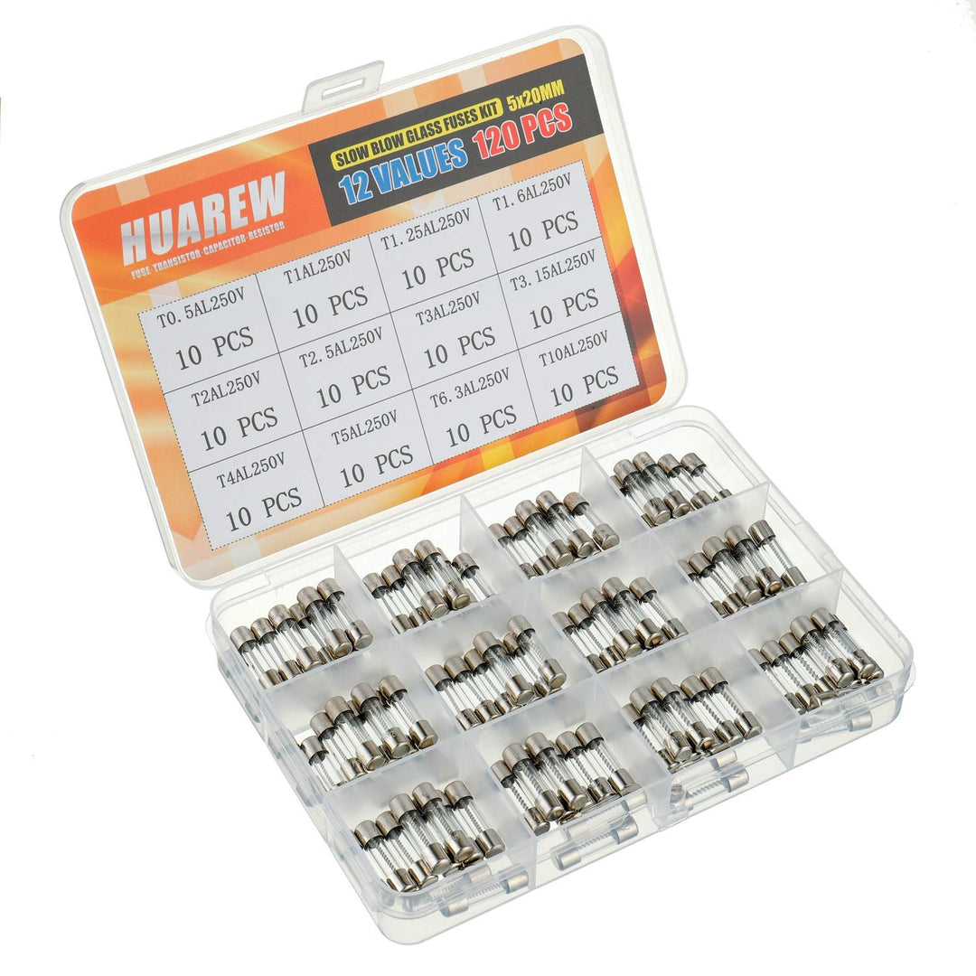 12 Values 120 Pcs 5x20 mm Slow Blow Glass Fuse 0.2 x0.78 Inch 250 V Volt T0.5 T1 T1.25 T1.6 T2 T2.5 T3 T3.15 T4 T5 T6.3 T10 A amp Assortment Kit