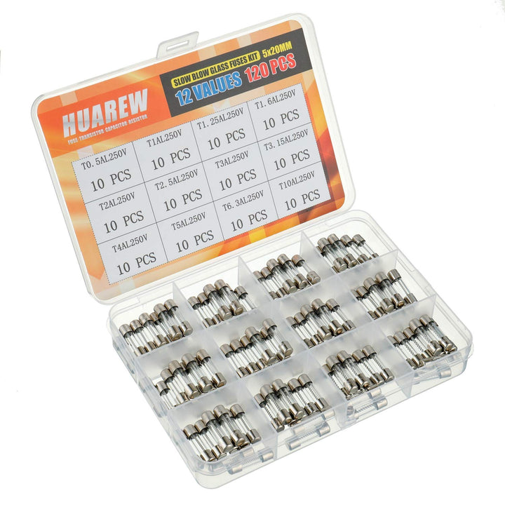 12 Values 120 Pcs 5x20 mm Slow Blow Glass Fuse 0.2 x0.78 Inch 250 V Volt T0.5 T1 T1.25 T1.6 T2 T2.5 T3 T3.15 T4 T5 T6.3 T10 A amp Assortment Kit