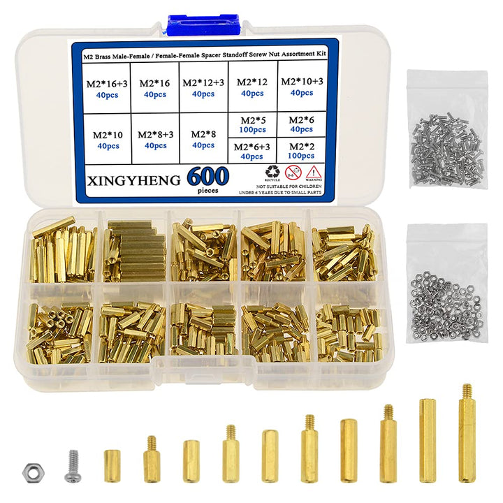 600pcs M2 Brass Male-Female/Female-Female Spacer Standoff Screw Nut Assortment Kit and Stainless Steel Screw Nut Set (Brass M2)