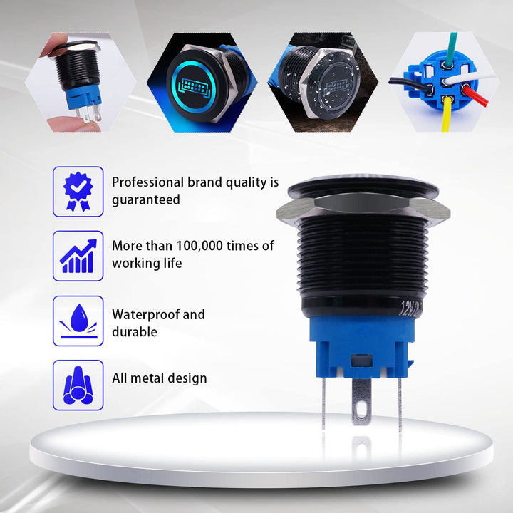 19MM LED Light BAR Switch 12V Waterproof Stainless Steel Latching Push Button Switch SPST ON/Off Blue LED,with Wire Socket Plug,for Car Boat Truck P-L-19-01-BK-BU