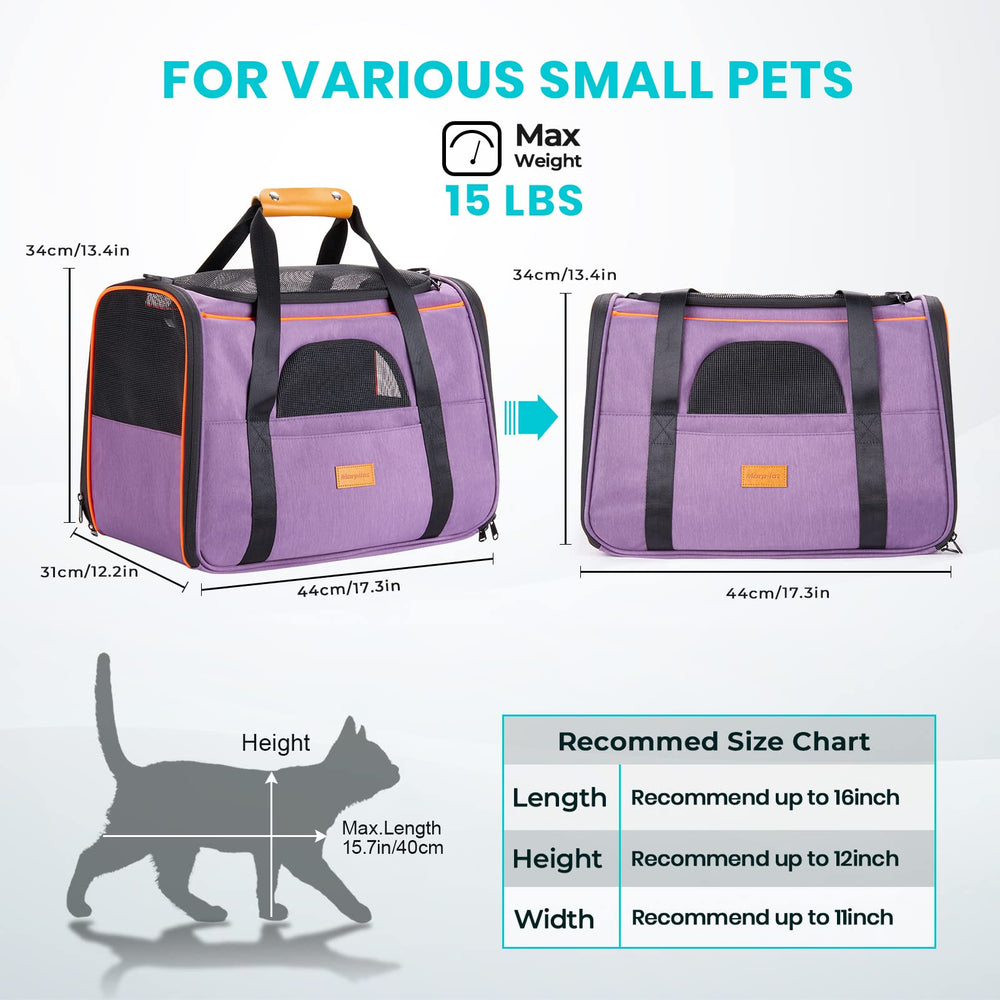 Portable Cat Carrier - Soft Sided Cat Carrier for Medium Cats and Puppy up to 15lbs, Pet Carrier with Locking Safety Zippers, Foldable Bowl, Airline Approved Travel Dog Carrier - Light Purple