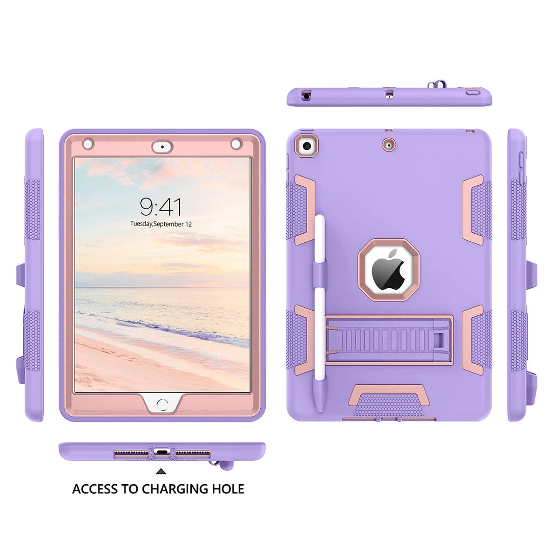 Case For iPad 7th/8th/9th Generation, iPad 10.2 2021/2020/2019, 3 in 1 Heavy Duty Rugged Shockproof Protective Tablet Cover with Stand Pen Holder,Purple/Rose Gold