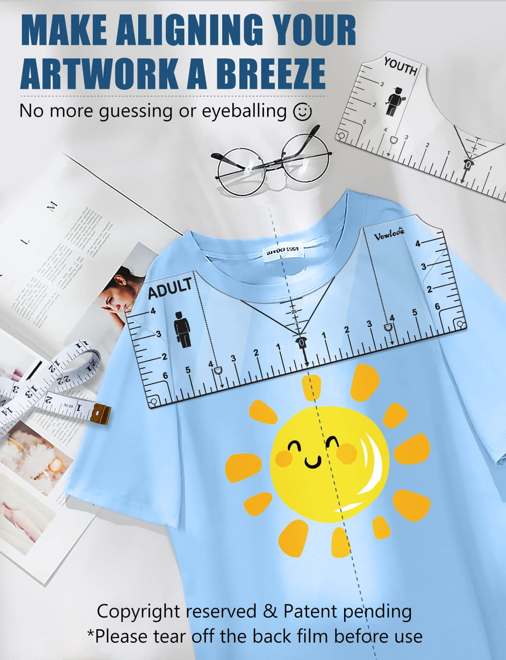 Tshirt Ruler Guide Vinyl Alignment, Shirt Measurement Tool Placement Center Desgins DTF Template Left Chest Logo Pocket, Accessories for Cricut Heat Press Sublimation Iron on HTV Heat Transfer Vinyl