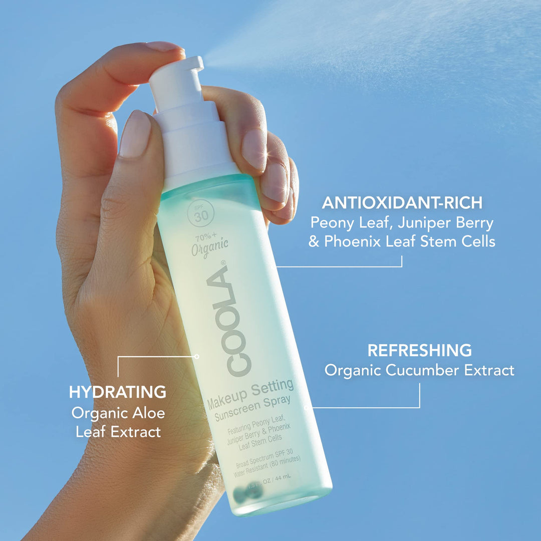 COOLA Organic Makeup Setting Spray with SPF 30, Hydrating Makeup Protection &amp; Sunscreen made with Cucumber &amp; Aloe Vera, Dermatologist Tested, Alcohol Free, 1.5 Fl Oz