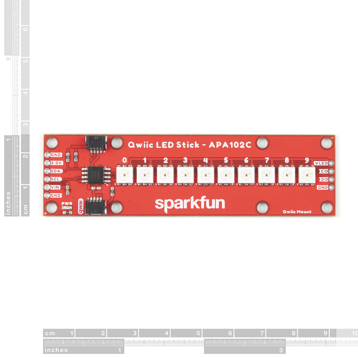 Qwiic LED Stick APA102C - Features 10x addressable APA102 LEDs Add Full Color LED Control Using I2C Includes Two Qwiic connectors Solderless Board Simply Plug and go