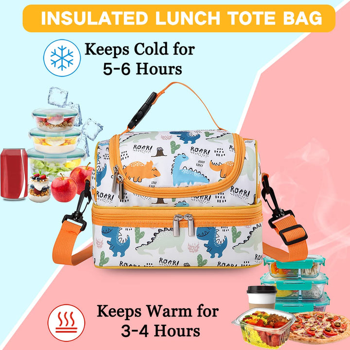 Lunch Box Bag Kids, Insulated Two Compartments Cooler Bags for Boys Girls w Shoulder Strap for School,Daycare,Kindergarten,Picnic Dinosaurs Yellow