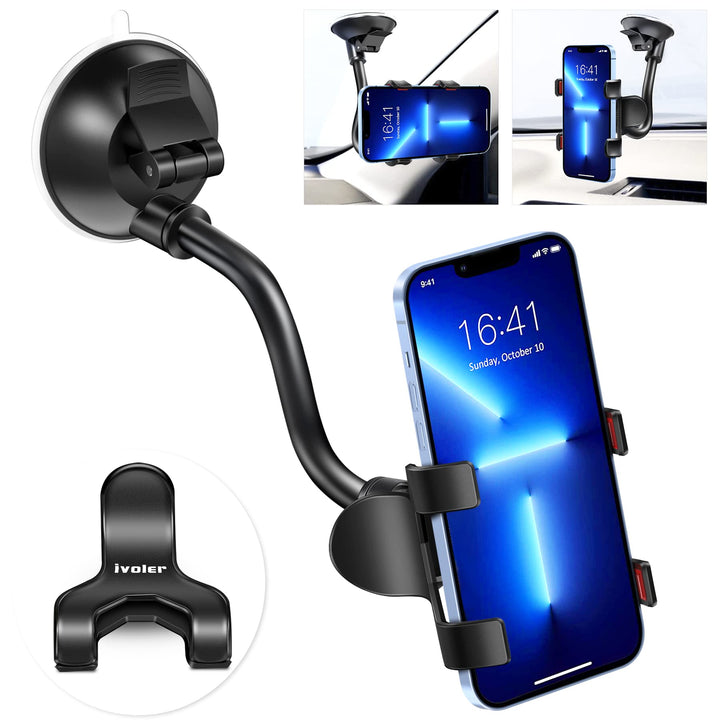 Car Phone Mount Windshield, Long Arm Clamp Universal Windshield with Double Clip Strong Suction Cup Cell Phone Holder Compatible with iPhone 15 14 13 Pro Max XS 7 8 Plus, Galaxy S24 S23 Ultra