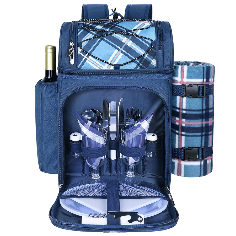 Picnic Basket Backpack for 2 Person with Insulated Cooler Compartment,Wine Holder,Fleece Blanket,Cutlery Set,Perfect for Beach Camping Party,Gifts for Boys Girls,Blue (36083-BL)