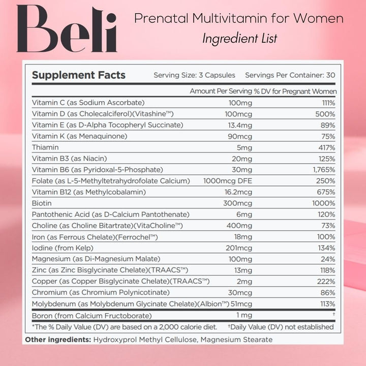 Women Prenatal Multivitamin, for All Stages of Pregnancy, 400mg Choline, Folate, Vitamin D. Supports Egg Quality and Fertility, Gluten &amp; Allergen Free, 90 Vegan Capsules (30-Day Supply)