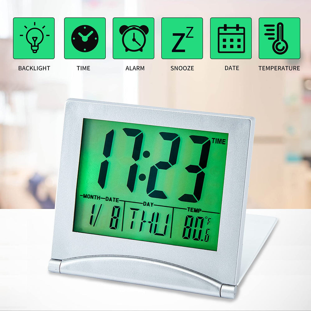 Small Digital Travel Alarm Clock Battery Operated, Portable LCD Large Display Alarm Clock with Backlight, Temperature Desk Clock -Silver(Green Light)