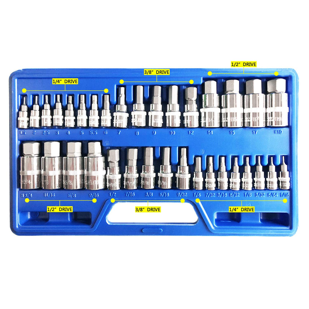 Master Hex Bit Socket Set Allen Wrench Bit Kit Hex Key for Ratchet Socket Tool SAE and Metric Set 3/8, 1/4, 1/2 Drive Socket Set 34-Piece