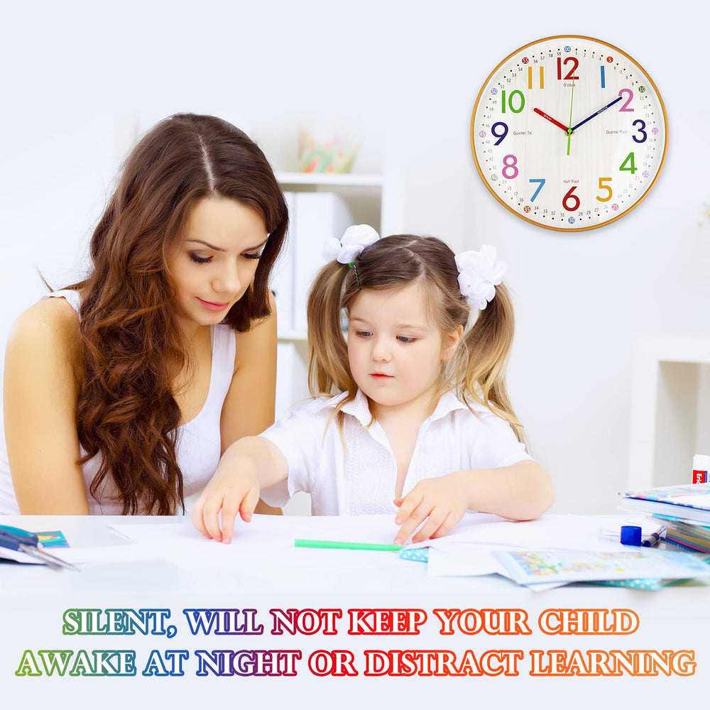 Learning Clock for Kids 12 inch Educational Wall Clock Silent Movement and Colorful Numerals Kids Wall Clocks for Classroom,Playroom Nursery Bedrooms Kids Room,School