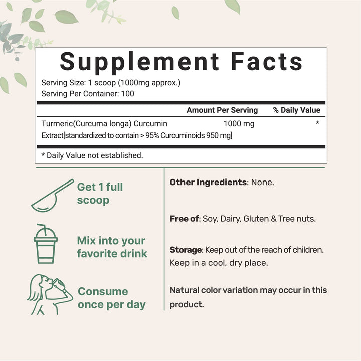 Turmeric Extract 95% Curcuminoids (Natural Turmeric Extract and Turmeric Supplements), 100 Grams, Rich in Antioxidants for Joint &amp; Immune Support, No GMOs, Vegan Friendly, India Origin