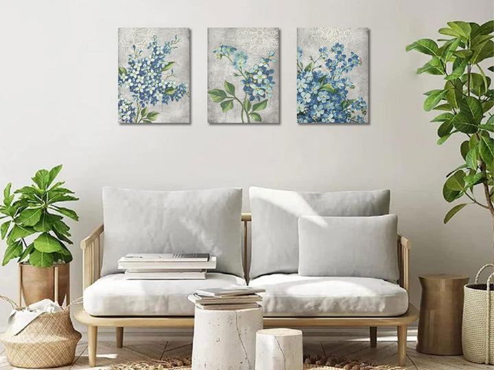 Bathroom Decor Blue Flowers Canvas Wall Art Pictures Florals Blossom Painting Grey Wildflowers Botanical Framed for Bedroom Living Room Dinning Room Home Office Wall Decor, 12x16x3 Panels