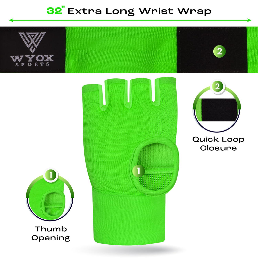 Gel Boxing Hand Wraps Inner Gloves for Men and Women, Quick 80cm Long Wrist Straps, Elasticated Padded Boxing Wraps for Muay Thai, MMA, Kickboxing, Martial Arts Training Bandages (Green, L/XL)