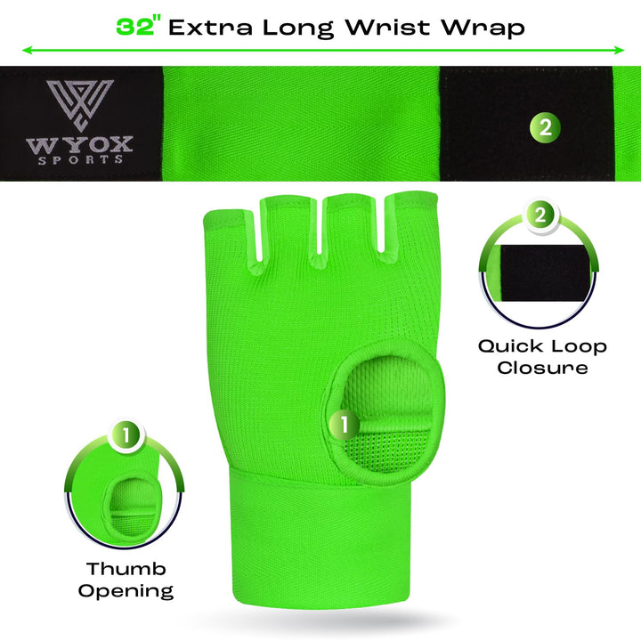 Gel Boxing Hand Wraps Inner Gloves for Men and Women, Quick 80cm Long Wrist Straps, Elasticated Padded Boxing Wraps for Muay Thai, MMA, Kickboxing, Martial Arts Training Bandages (Green, L/XL)