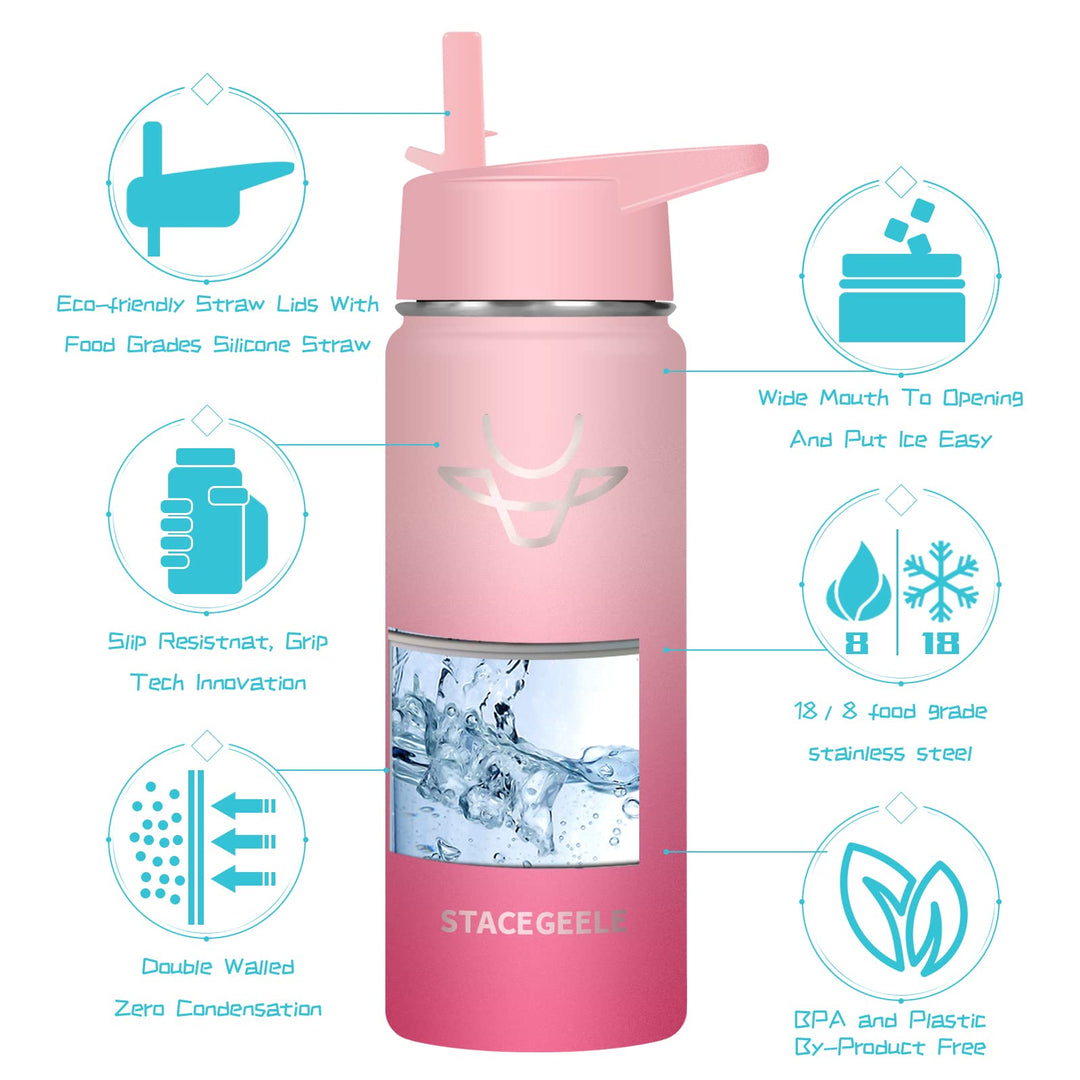 Insulated Vacuum Water Bottle for Kids with Straw Lid Stainless Steel Flask Thermos for Boys and Girls Leak Proof Lightweight Eco Friendly 18oz(550ml),Sweat Peach