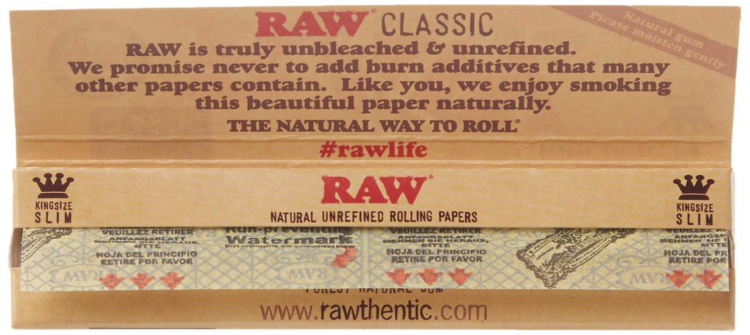 RAW Classic King Size Slim Rolling Paper, Brown, 5 Coun