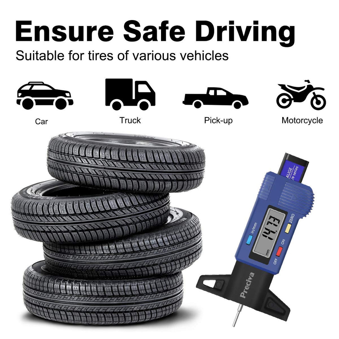 Tire Tread Depth Gauge, Preciva LCD Digital Tire Tread Depth Gauge Tool with Decimal Inch and MM Conversion of 0-1 Inches/ 0-25.4mm(NO 32nds Fraction Inch Display).