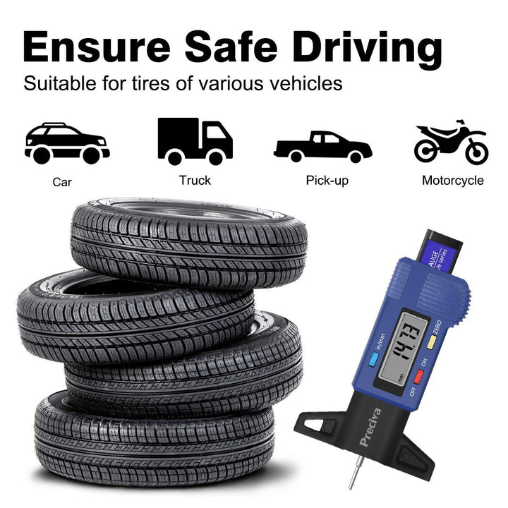 Tire Tread Depth Gauge, Preciva LCD Digital Tire Tread Depth Gauge Tool with Decimal Inch and MM Conversion of 0-1 Inches/ 0-25.4mm(NO 32nds Fraction Inch Display).