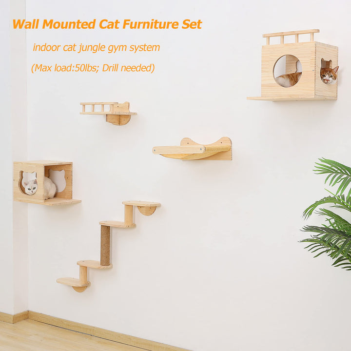 Cat Shelves and Perches Wall Mounted Indoor Cats Furniture Solid Wood Cat Wall House Set for Activity Climbers 5pcs/Set