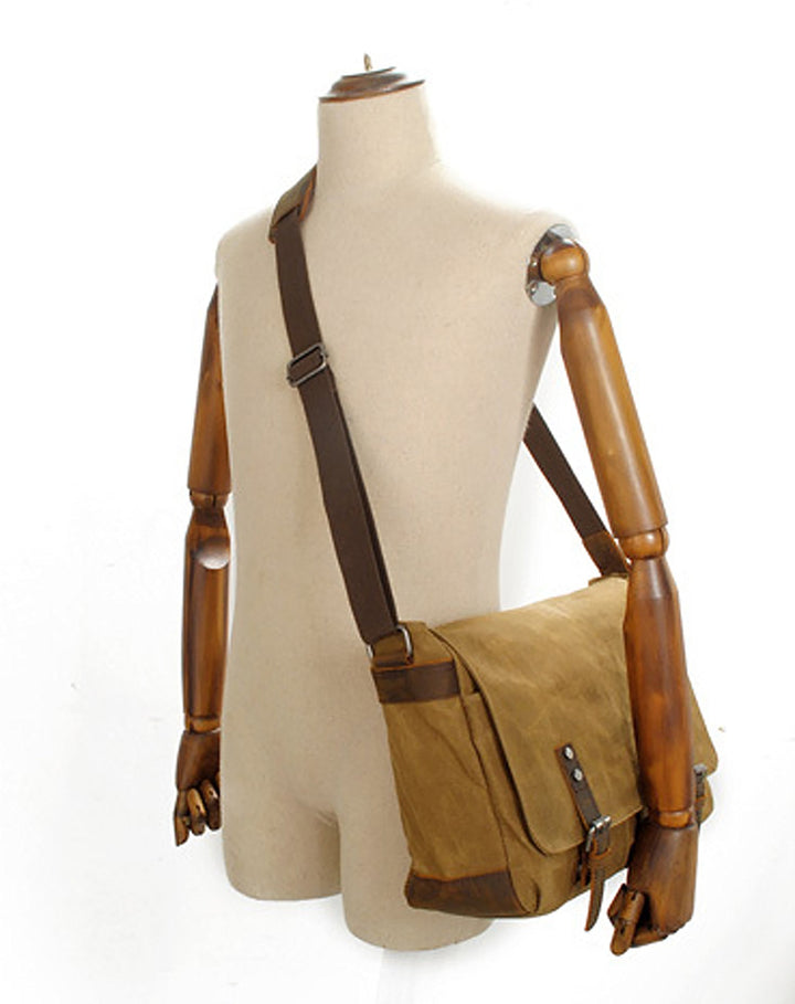 Mens Waxed Canvas Messenger Bag Shoulder Satchel Leather Crossbody Bag for Laptop (M49_Khaki)