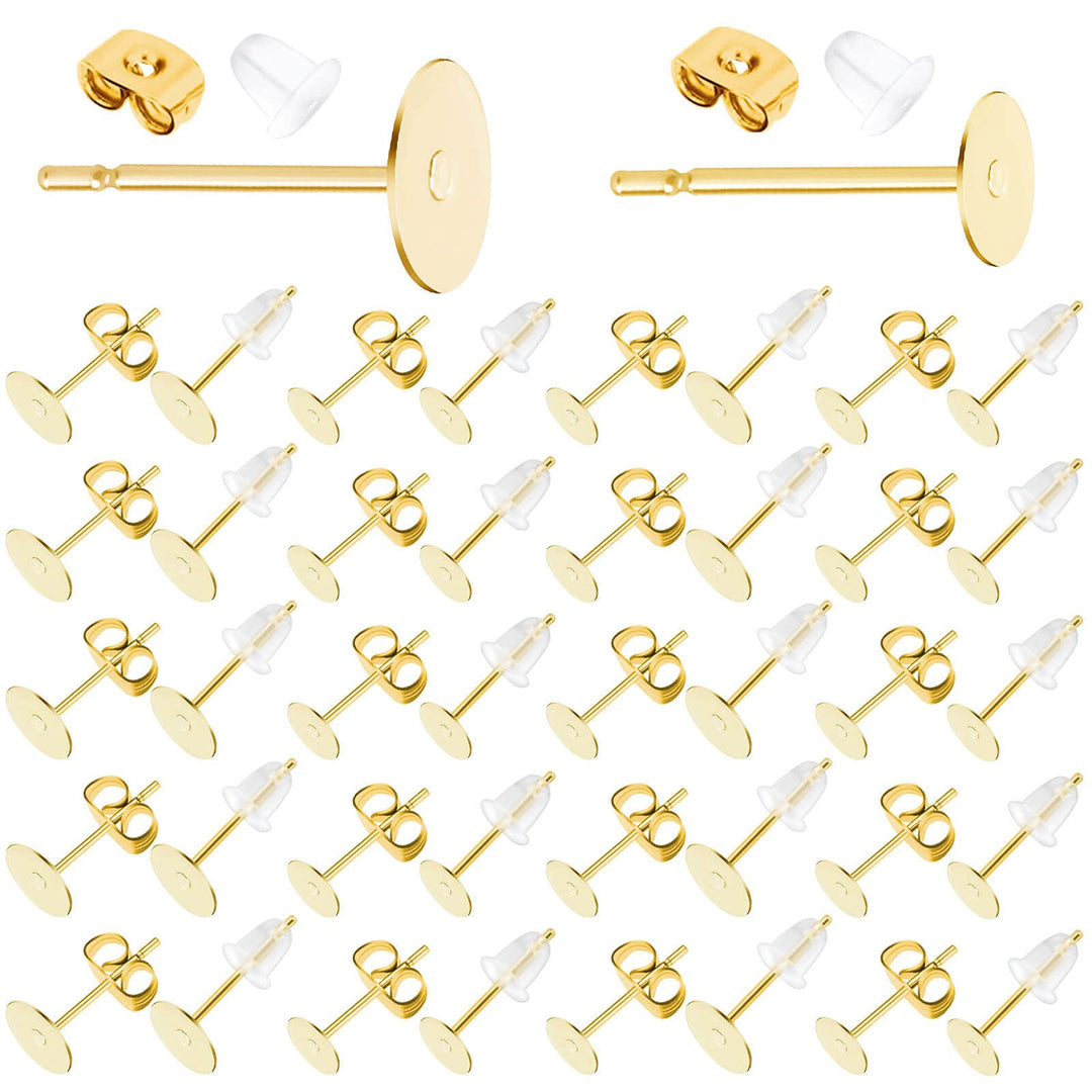 Earring Posts Stainless Steel, 1200Pcs Hypoallergenic Earring Posts and Backs, Gold Flat Pad Earring Studs with Clutch for Earring Making and DIY Stud Earring Supplies