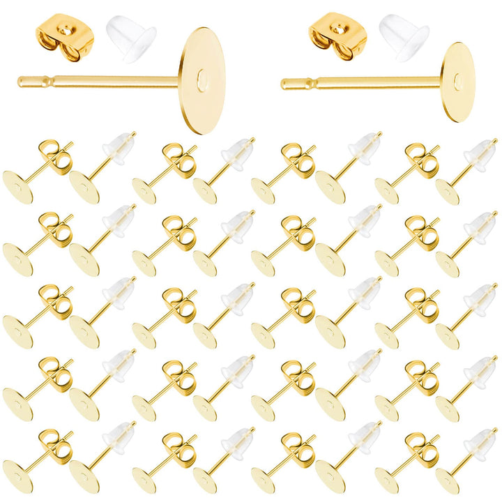 Earring Posts Stainless Steel, 1200Pcs Hypoallergenic Earring Posts and Backs, Gold Flat Pad Earring Studs with Clutch for Earring Making and DIY Stud Earring Supplies