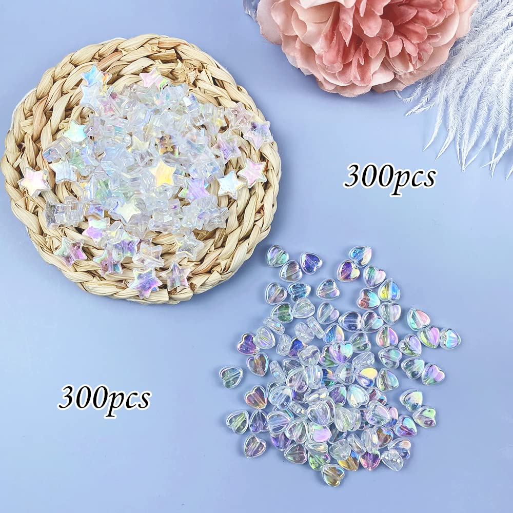 600 PCS Acrylic Beads Heart Star Shape Beads Clear AB Bead Assortments Flat Bead-in-Bead Loose Beads Spacer for DIY Necklace Bracelet Jewelry Craft Making (Clear AB)