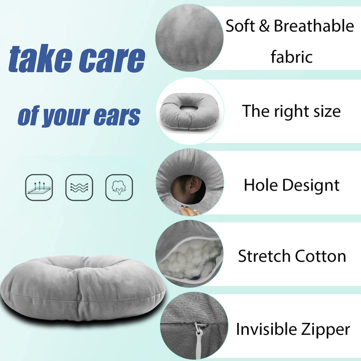 Piercing Pillow for Side Sleepers, Donut Shaped Side Pillow with Hole for Ear, Ear Pillows for CNH and Ear Piercing Ear Pain, Ear Cushions for Sleeping Guard (Gray)