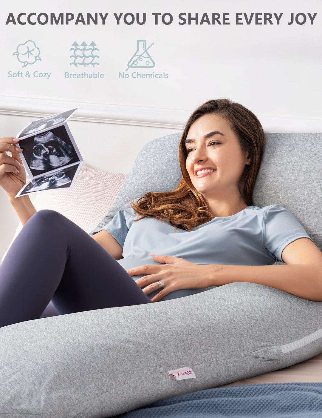 AngQi Maternity Pillow for Pregnant Women, Cooling Pregnancy Pillows for Sleeping - Maternity Body Pillow with Purple Jersey Double Zipper Removable Pillowcase 55inches