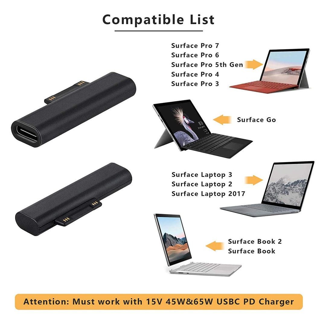 [Upgrade] 15V 3A Surface Connect to USB-C Charging Adapter, Compatible for Microsoft Surface Pro 7/6/5/4/3, Surface Laptop/Go/Book [1 Pcs Only]