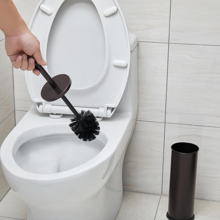 HUJI Rust Resistant Bronze Toilet Brush Holder with Lid Perfect Bathroom Bowl Cleaning Set Gift for House Warming or College Dorms Accessories (1, Bronze Toilet Brush)