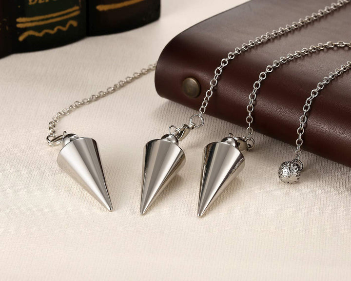 PESOENTH Copper Metal Dowsing Pendulum Divination Dower Reiki Healing Pendulum Chain,Silver Spiral Coil Point Meditation Yoga Balancing Pendant (Silver (Solid Cone))