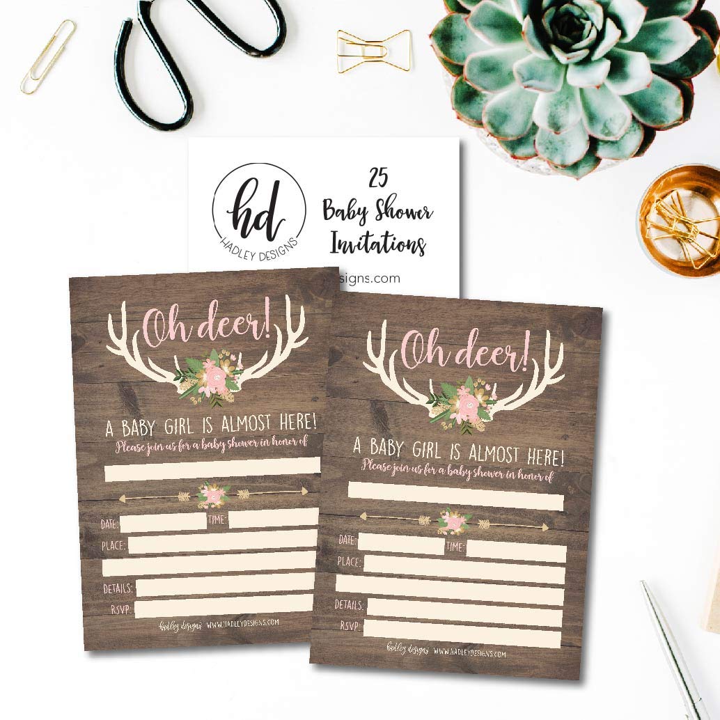 25 Oh Deer Baby Shower Invitations, Pink Rustic Sprinkle Invite for Girl, Buck Modern Gender Theme Almost Here, Woodland Hunting Cute Printed Fill or Write in Blank Printable Card Party Paper Supplie