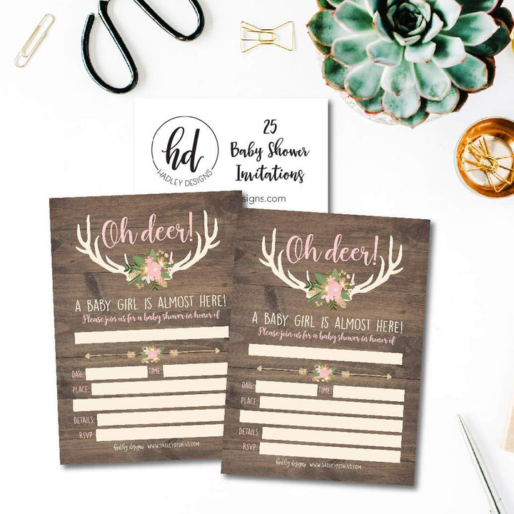 25 Oh Deer Baby Shower Invitations, Pink Rustic Sprinkle Invite for Girl, Buck Modern Gender Theme Almost Here, Woodland Hunting Cute Printed Fill or Write in Blank Printable Card Party Paper Supplie
