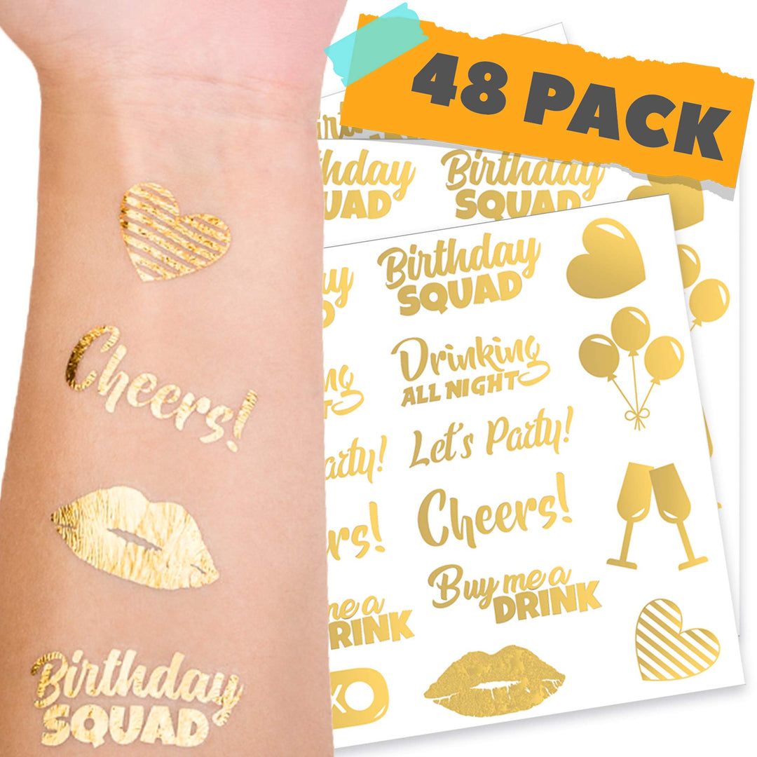 48pcs Birthday Tattoos - Gold Temporary Tattoos Metallic for Women and Men - Happy Birthday Squad Tattoos for Girls, 18th 21st 25th 30th or Any Adult Bday - 11 Flash Party Tattoos