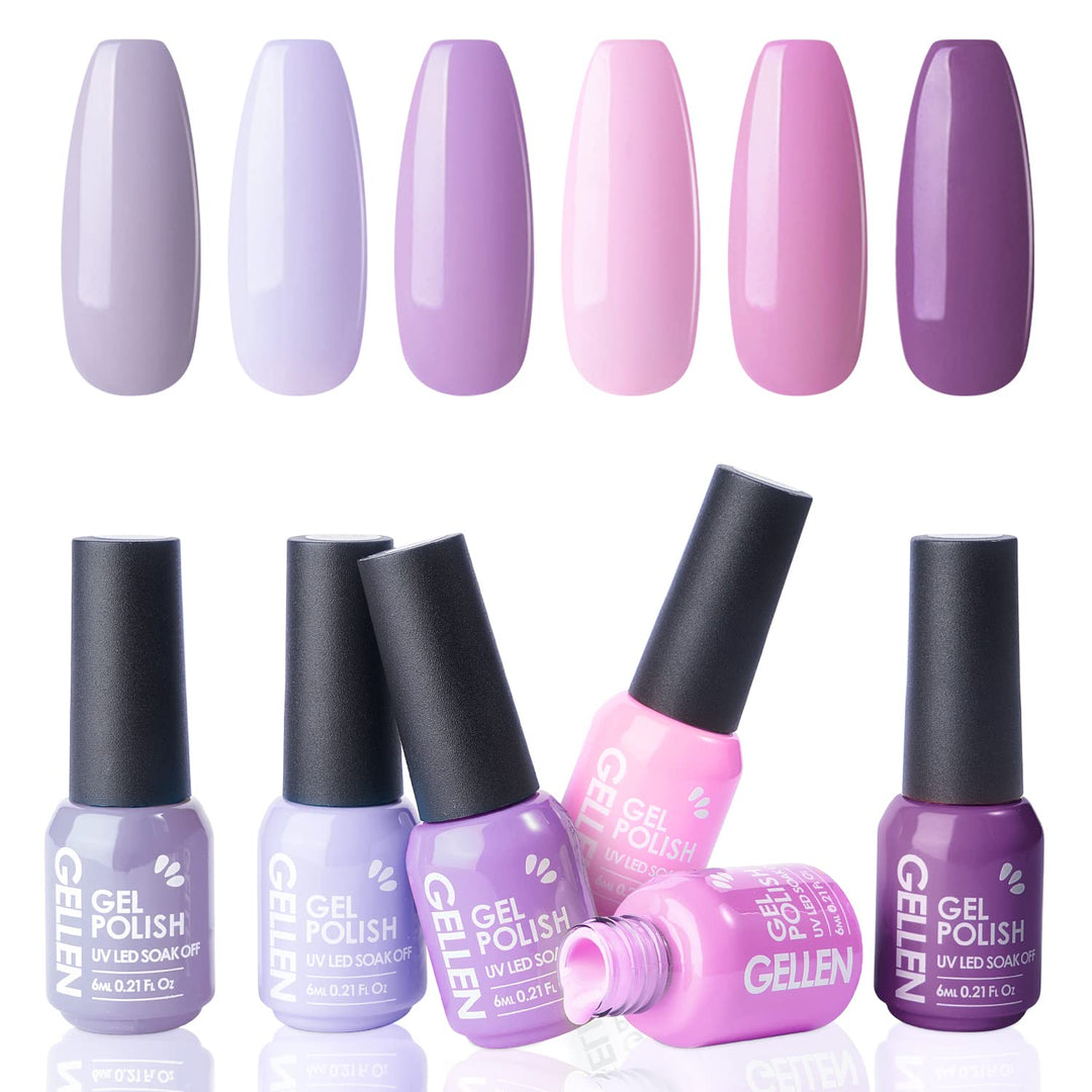 Gel Nail Polish Kit - 6 Colors Lavenders Series - Violet Lilac Rose Pink Popular Nail Gel Colors Nail Art DIY Home Gel Manicure Set