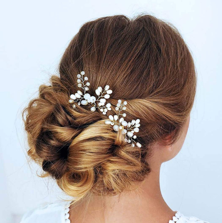 Bride Pearl Wedding Hairpin Rhinestones Bridal Hair Pins Sparkly Crystal Hair Clips Jewelry for Women and Girls (Pack of 2) (Silver)