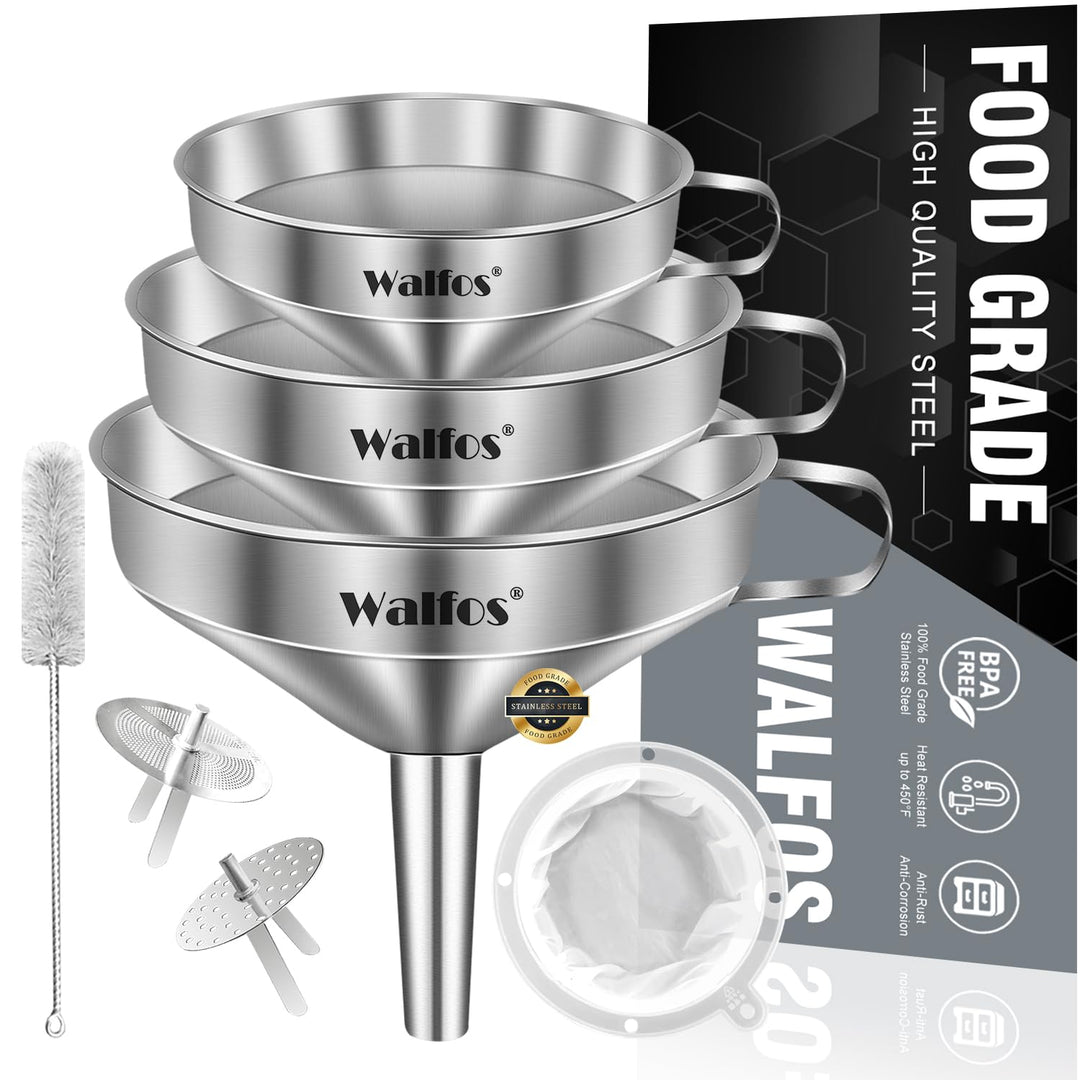 3Pcs Kitchen Funnel with 2 Removable Strainer &amp; 1 Cleaning Brush &amp; 1Pc 200 Mesh Food Filter Strainer, Food Grade Stainless Steel Funnel for Transferring of Liquid, Oils, Jam, Dry Ingredients