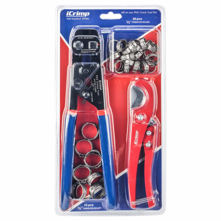 Ratchet PEX Cinch Tool with Removing function for 3/8 to 1-inch Stainless Steel Clamps with 20PCS 1/2-inch and 10PCS 3/4-inch PEX Clamps and Pipe Cutter- All in One