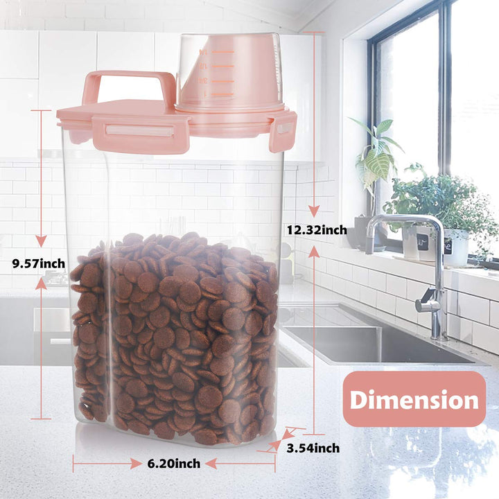 Pet Food Storage Container, Airtight Cat Food Container with Measuring Cup, Small Dog Food Storage Container with Scoop, 4 Seal Buckles Food Dispenser for Regular Food, Dog, Cat, Bird (Pink)