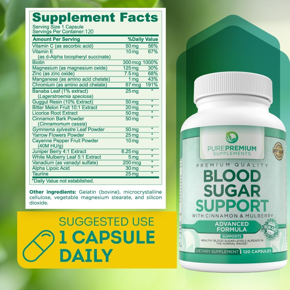 Normal Blood Sugar Support Cinnamon Supplements to Support Blood Sugar Levels Already in The Normal Range-Capsules w/Bitter Melon, Mulberry, Zinc, Biotin, Vitamin C, E-60 Count