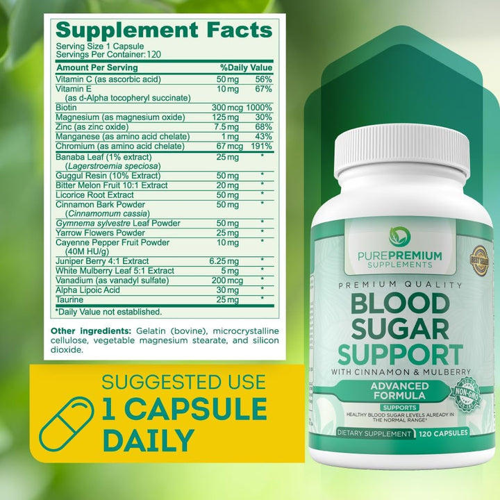 Normal Blood Sugar Support Cinnamon Supplements to Support Blood Sugar Levels Already in The Normal Range-Capsules w/Bitter Melon, Mulberry, Zinc, Biotin, Vitamin C, E-60 Count